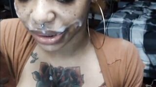 Black Beauty's Lips and Tits Covered in Cum